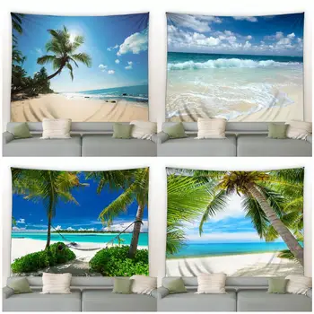 Pláž, Kokosové Palmy Charakter Krajiny Gobelín Ocean Palm Listy Lete Havajské Scenérie Stene Visí Obývacia Izba, Spálňa Decor