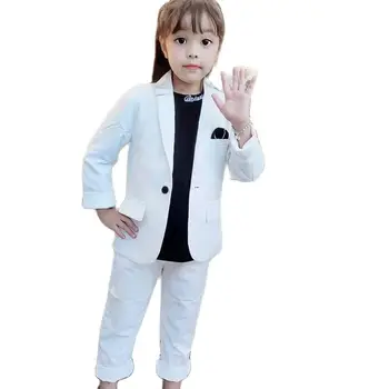 2021 Dievčatá Biely Svadobný Oblek Deti Bunda+Vesta+Nohavice 3ks krst Smoking Oblečenie Set sa Deti Štúdia Strany Kostým