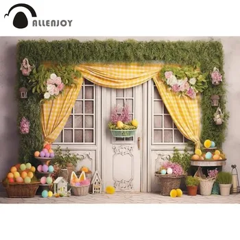 Allenjoy Veľkonočné Vajíčka Photo Booth Pozadie Jar Pastoračnej Dekorácie Ružové Kvety Žlté Záclony Fotenie Pozadí