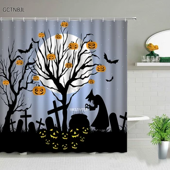 Halloween Mesačnej Noci Sprchové Závesy Cartoon Sprievodca Tekvica na Strome Náhrobný Polyester Textílie Kúpeľňa Decor Opony
