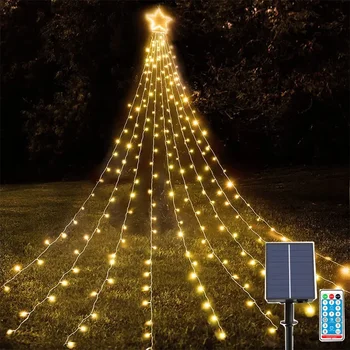 9X3.5M Solárne, Vianočné Víla String Svetla Slnečnej Vodopád Vianočný Strom Svetlo S Hviezdičkový Vňaťou Outdoor Záhrada Partry Garland Svetlo