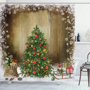 Vianočné Sprchový Záves, Borovice s Prítomný Boxy na Zasnežených Rada Vianoce Na Vidieku Tému, Kúpeľňa Decor Sady,Multicolor