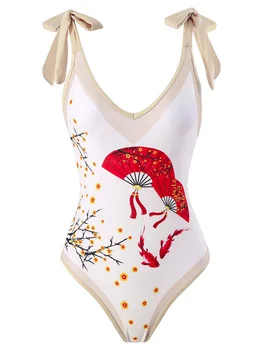 COOBBU Čínsky Štýl, jednodielne Plavky Ženy Kombinézu Obväz Sexy Plavky jednodielne Vyhovuje na Kúpanie Oblek Tlač Plaviek