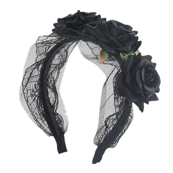 Dievča Čipky Priadza Hlavový Most Zamatovej Ruže Kvet Halloween Party Dekorácie Hairband Ručné Kvetinový Gothic Lolita Vlasy Príslušenstvo