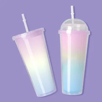 Nové módne populárne double-layer studené farby farby dúhy pohár vysokej vzhľad úrovni oslňujúci vynikajúci darček plastové slamy pohár
