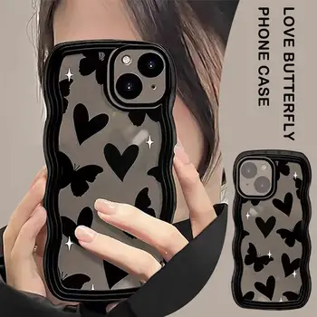 Kórejský Roztomilý Vlny Čierny Motýľ, Láska Srdce Zavesiť Reťazca Mäkké puzdro Pre IPhone 14 Pro Max 12 13 11 X XS XR 7 8 Plus SE Jasné C H1V2