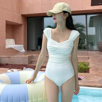Kórejský 2024 Jednodielne Plavky Ženy Lete Jednoduché Tuhé Široký Ramenný Popruh Sexy Zoštíhľujúce Brucho Pokrýva Otvoriť Späť Plavky