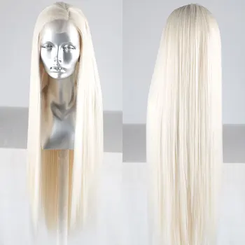 Blond Biela #60 Rovno Syntetické 13X4 Predné Čipky Parochne Glueless Vysoká Kvalita Tepelne Odolných Vlákien Vlasy Strane Deliacej Pre Ženy