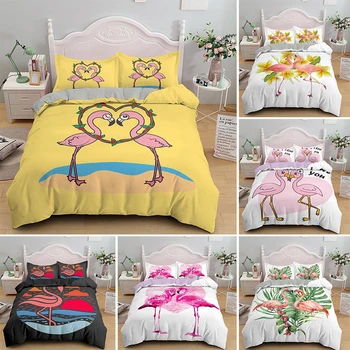 Luxusná posteľná bielizeň Set Roztomilé Ružové Plameniaky Tlač Jednotného Twin Kráľ, Kráľovná Veľkosť Deky Perinu A Vankúš 2/3ks Obliečky