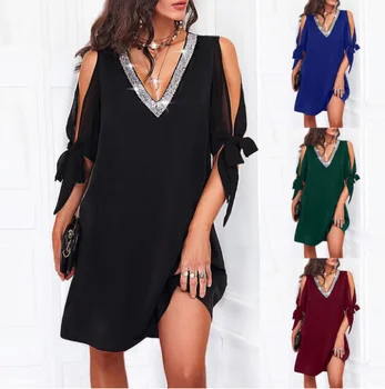 Letné Šaty Pre Ženy Oblečenie 2023 Plus Veľkosť V Krku Krátky Rukáv Sequin Šaty Luk Mimo Ramenný Midi Šaty Dropshiping