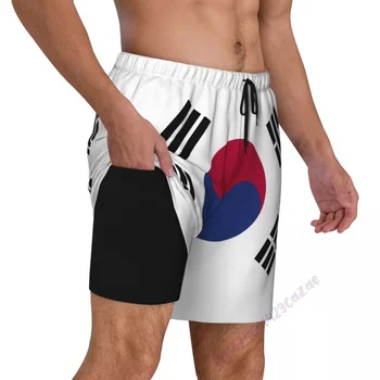 Južná Kórea Vlajka 3D Mens Plávanie Šachty S Kompresiou Liner 2 v 1 Rýchly-Suché Leto Plávať Šortky S Vreckami