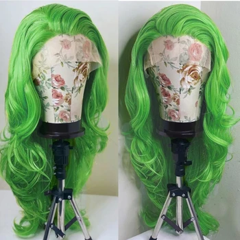 Voľné Vlny Zelené Farebné Syntetické Vlasy Predné Čipky Parochne Glueless Cosplay Čipky Parochne pre Ženy PrePlucked Vlákniny