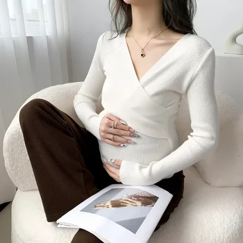 Cez V Ošetrovateľskej Svetre Jeseň Fashion Slim Hot Dojčenie Pletené Košele, Oblečenie pre Tehotné Ženy, Tehotenstvo Topy