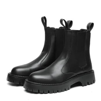 Muži luxusné Módne vysokej Motocykel topánky čierne štýlové topánky Platformu kovboj originálne kožené boot pekný robustný chelsea Botas