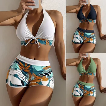 2023 Nové Vysoký Pás Sexy Dva kusy Plavky Ženy Boxer Čipky Letné Kúpanie Oblek Vytlačené Farbou Šitie Pláži Plavky