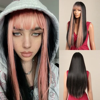 Čierne Svetlo Ružové Rany Syntetické Parochne pre Ženy Dlhé Rovné Zvýrazniť Parochne Cosplay Denne Vlasy prirodzene Vyzerajúce žiaruvzdorné