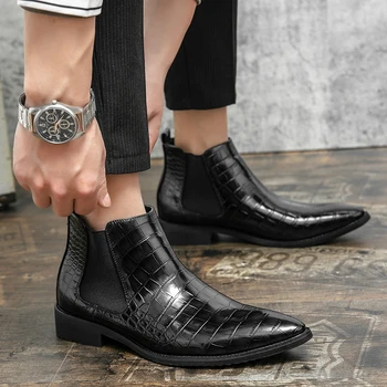 Pánske Black Slip-On Chelsea Boots Muži Móda Členok Boot Mens Príležitostných Taliansko Krátke Topánky, High-Top Špicatou Špičkou Topánky Kožené Topánky